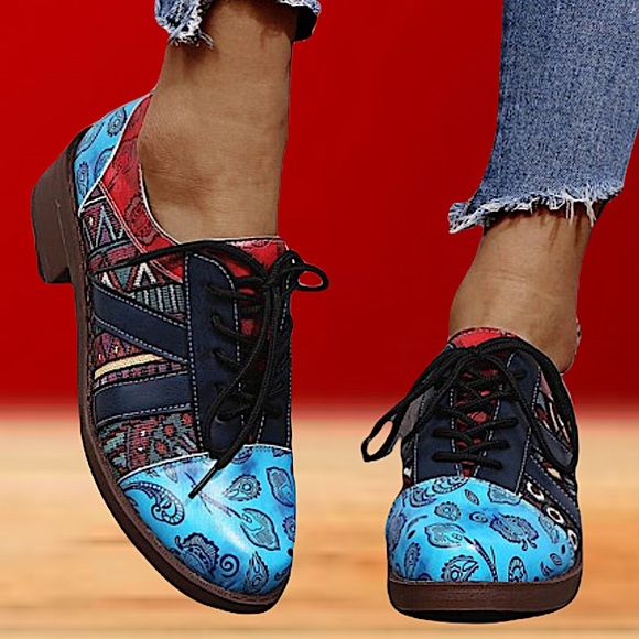 Boho Paisley, Color Block, Lace Up Oxfords Flats - Picture 4 of 11